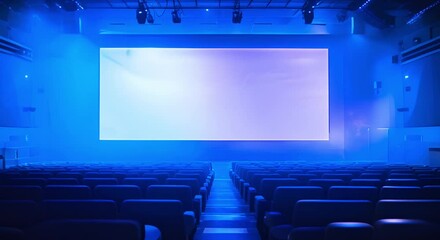 Mockup of an empty blue cinema hall with a white screen. Concept Photography, Cinematic, Theater, Studio Set, Empty Hall