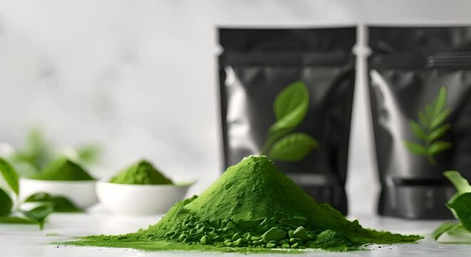 Minimal modern packaging design for healthy organic green tea matcha powder. Concept Green Tea Packaging, Minimalist Design, Organic Product, Modern Aesthetic, Healthy Lifestyle