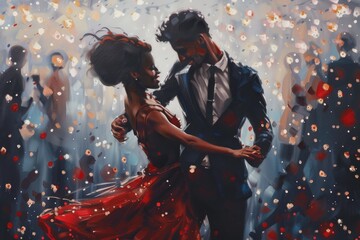 A painting of a couple joyfully dancing in the rain, expressing happiness and love, A night filled with laughter and dancing