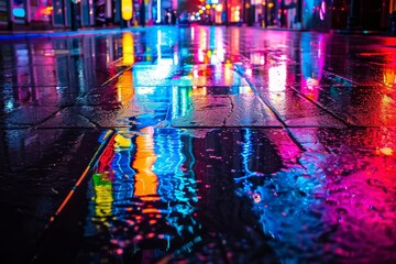 Colorful neon lights illuminate a wet city street at night, creating a vibrant and dynamic urban scene, A nighttime scene of neon lights reflecting off wet pavement