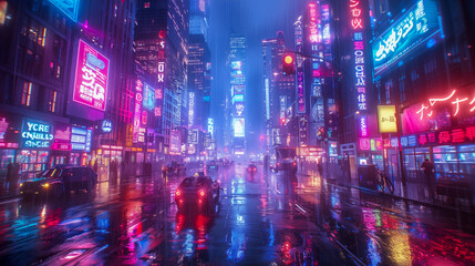 Obraz premium futuristic asian cityscape at night and rain, where neon-lit skyscrapers pierce the sky. The streets are bustling with hovercars, and holographic billboards display advertisements