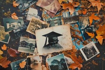 An arrangement of old photos capturing people holding umbrellas in various settings and poses, A nostalgic collage of photos from the graduate's academic journey