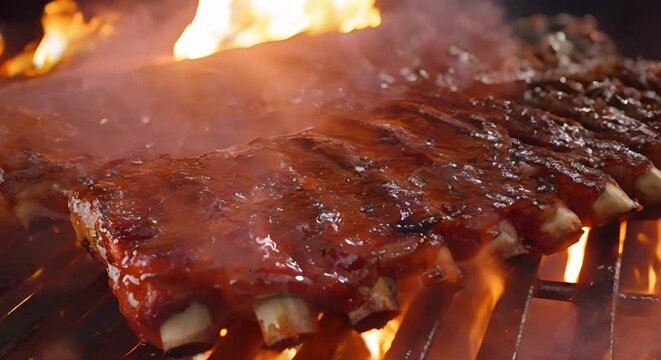Closeup of sizzling pork ribs on a flaming grill. Concept Food Photography, BBQ Grilling, Flaming Grill, Meat Closeup, Delicious Ribs
