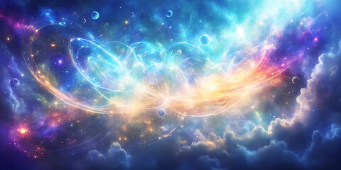 Illustration of a colorful and vibrant sky filled with clouds, featuring a variety of planets and stars. The stars appear to be in motion, giving the impression of a dynamic and lively atmosphere.