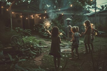 Fototapeta na wymiar A group of children standing around a yard, holding sparklers and laughing, A nostalgic scene of children playing with sparklers in a backyard