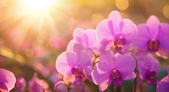 Closeup photo of pink orchids in sunlight highlighting their beauty in bloom. Concept Floral photography, Nature closeups, Orchid blooms, Sunlit petals, Botanical beauty