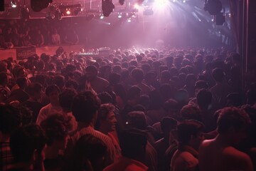 A large crowd of people fills a dark nightclub, pulsing with music and movement, A packed nightclub pulsing with music and dancing bodies