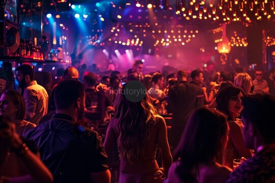 A busy bar with a crowd standing around, socializing and enjoying drinks, A packed nightclub with people dancing and socializing
