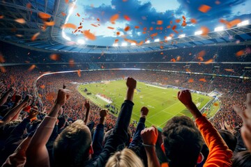 A vibrant crowd of people cheering and waving flags at a soccer match in a packed stadium, A packed...