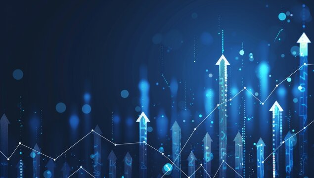 A blue background with arrows pointing upwards, representing stock market growth or business success in the financial industry graph show upward trends, symbolizing positive progress Generative AI