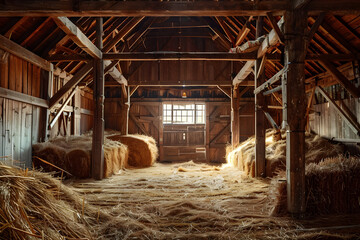 Atmospheric interior of old wooden barn with hay and straw. Morning sunlight in barn. Rustic style. Rural life and farm concept. Design for banner, poster with copy space