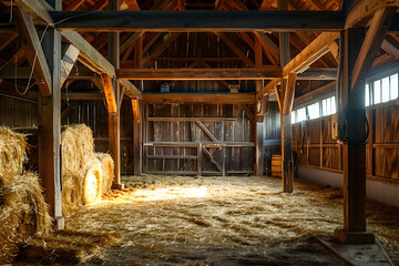 Atmospheric interior of old wooden barn with hay and straw. Morning sunlight in barn. Rustic style. Rural life and farm concept. Design for banner, poster with copy space
