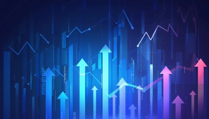 Fototapeta premium A blue background with arrows pointing upwards, indicating an upward trend in stock market data or financial growth on business charts Generative AI