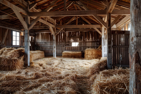 Atmospheric interior of old wooden barn with hay and straw. Morning sunlight in barn. Rustic style. Rural life and farm concept. Design for banner, poster with copy space