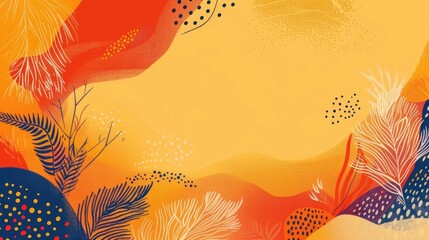 watercolor illustration, vintage postcard, Western Australia Day, orange abstract background, graceful branches and leaves, paint spots, copy space, free space for text
