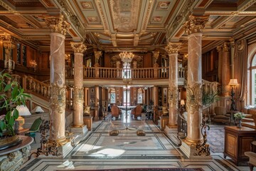 Obraz premium A spacious room featuring numerous marble columns and a striking chandelier hanging from the ceiling, A palatial estate with marble columns and intricate woodwork