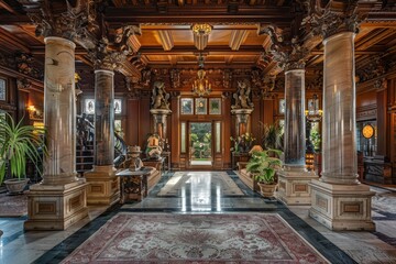 Obraz premium A large room adorned with marble columns and a rug on the floor, A palatial estate with marble columns and intricate woodwork