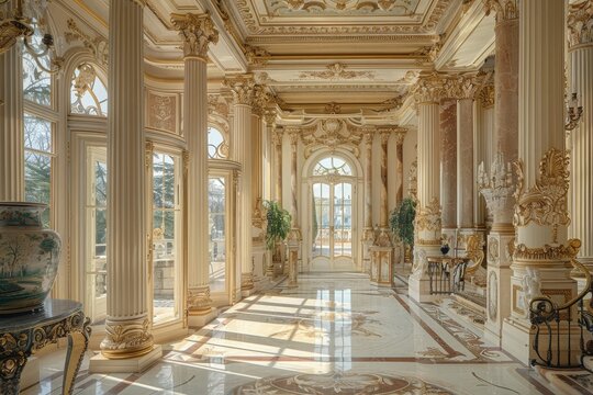 A grand room featuring numerous windows and a luxurious marble floor, A palatial estate with marble columns and intricate woodwork