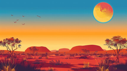 illustration, vintage postcard, Western Australia Day, natural landscape at sunset, silhouette of the desert Southwest Australia savanna, copy space, free space for text