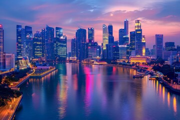 Fototapeta premium Night View of City Across River, A panoramic view of a bustling city skyline at dusk, with twinkling lights reflecting on the river below