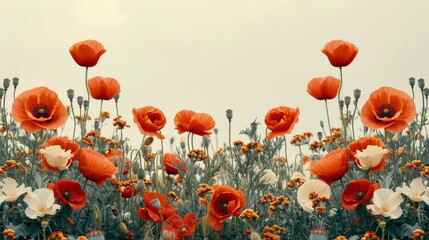 Obraz premium Red and White Flowers in Field Under Blue Sky