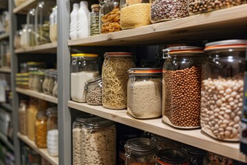 A variety of food products neatly arranged on a shelf in a pantry setting, A pantry filled with essential items like rice, pasta, and beans