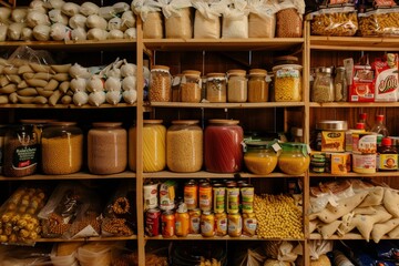Diverse array of food items neatly arranged on a pantry shelf, showcasing variety and abundance, A pantry filled with essential items like rice, pasta, and beans