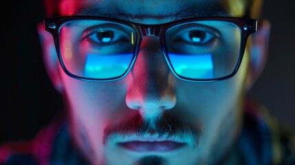 Close-up of young man with glasses illuminated by screen light. Technology and digital lifestyle concept.