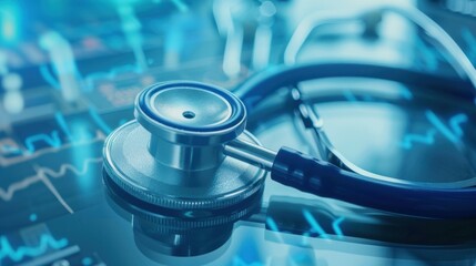 Stethoscope on a futuristic blue display depicting cardiac monitoring and digital health advances