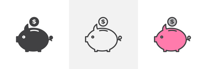 Money Bank Icon Set. Savings Piggy Vector Symbol.