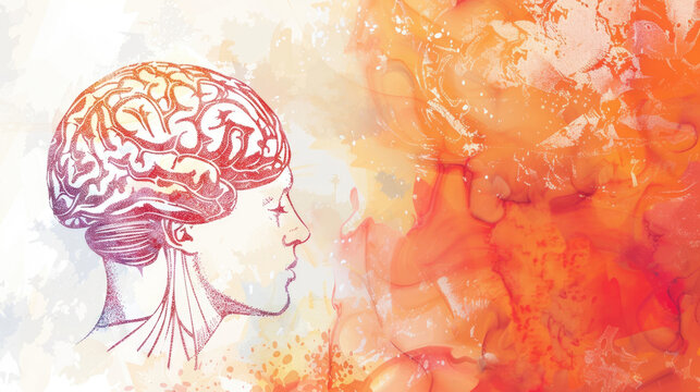 watercolor illustration, vintage postcard, World Brain Tumor Day, silhouette of a girl in profile, brain figure, light background, copy space, free space for text