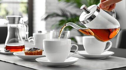   A person pours a cup of tea from a teapot onto a table filled with cups and a muffin