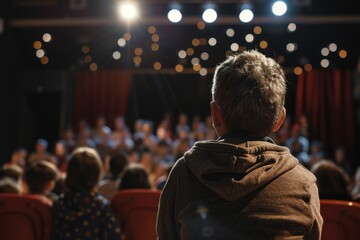 A young boy is seated in front of a crowd of people, engaging with the audience, A parent watching proudly as their child performs in a school play