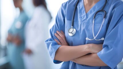Medical team in blue scrubs, focus on female nurse with stethoscope.