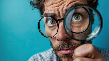 Curious Man Peering Through Magnifying Glass with Astonished Expression