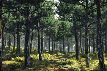 Fototapeta premium A painting of a narrow path winding through a dense pine forest, A peaceful forest filled with towering pine trees, their branches swaying gently in the breeze