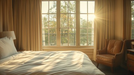 Fototapeta premium Serene Bedroom Interior with Sunlight Streaming Through Large Windows