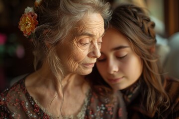 Obraz premium Generational Gap: Old Woman and Young Girl Using Cell Phone