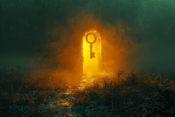 Golden key floating towards a keyhole in a surreal, dream-like landscape, unlocking possibilities,