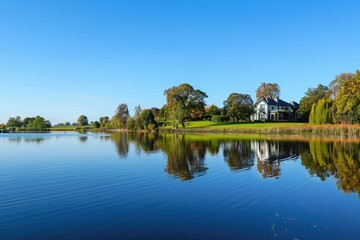 A large body of water surrounded by lush green trees under a clear blue sky, A peaceful lakeside retreat, with a clear blue sky reflected in the water - Powered by Adobe