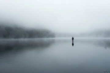 A person standing in the center of a calm lake, A peaceful lake with a lone soldier standing at attention