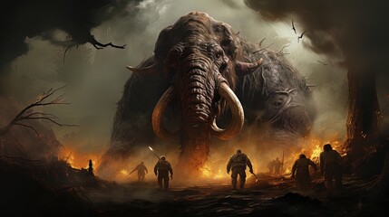 group of prehistoric humans hunting a gigantic mammoth