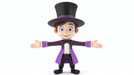 3D rendering of a cute cartoon magician wearing a top hat and purple suit, with his arms outstretched.