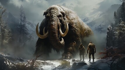 Drawing of a group of prehistoric or fantastic humanoid beings next to a gigantic mammoth.