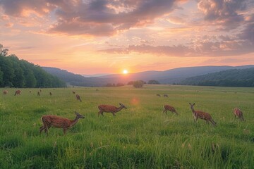 A group of deer grazing in a lush green field, A peaceful meadow dotted with grazing deer under a pastel sunset sky