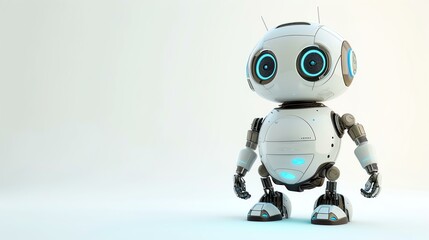 Cute and friendly robot standing and looking at the camera with a curious expression. The robot is white and has blue eyes.