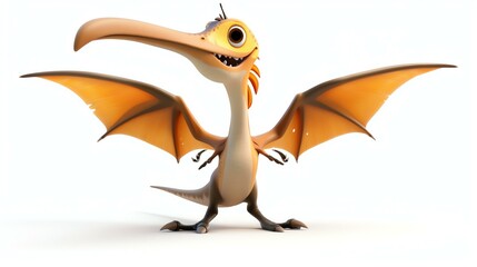 A cute and friendly cartoon pterodactyl dinosaur with a long beak and big eyes. It has orange wings and a yellow belly.