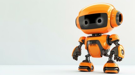 Cute orange robot standing on a white background. The robot has big eyes, a round head, and a friendly expression.
