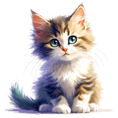 A cartoon small kitten sitting on a white background. The fur on the kitten is fluffy, which adds to the overall cute and cuddly appearance of the drawing.