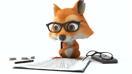 A cartoon fox wearing horn-rimmed glasses is sitting on a desk. He is holding a pen and looking at a document.